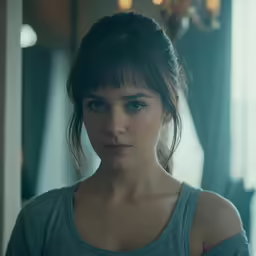 a girl standing next to the mirror and staring at the camera