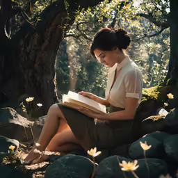 a woman in a skirt reading a book outside