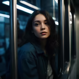 a woman looks over her shoulder on a public transportation train