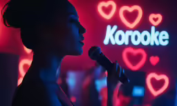 a woman is standing in front of a neon koroke sign