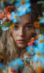 a woman wearing a floral crown with colorful flowers