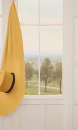 a banana is hanging in a corner window next to the window panes