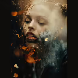 a young child in a black suit blowing on orange and white bubbles