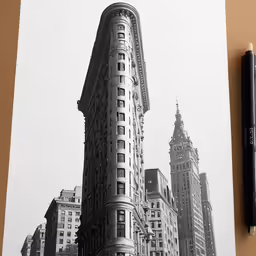 a pen and drawing of a building with towers on it