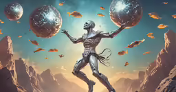 an astronaut is juggling large silver balls