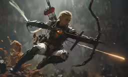 a woman with long hair and a bow is doing archery