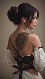 a woman with tattoo on her back looks back
