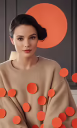 a woman with an orange hat sitting in front of a circular object