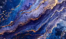 a very abstract painting with a blue, purple, and gold liquid pouring from the ceiling