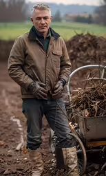 a man is standing next to a wheelbarrow