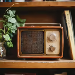 an old style television sitting on top of a wooden shelf