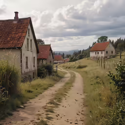 there is a dirt road that runs alongside the old houses