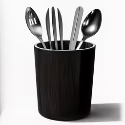 an artistic shot of a cup full of forks and spoons