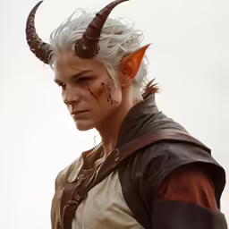 male elf with horns and white hair standing close