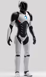 the futuristic robot stands in front of the grey background