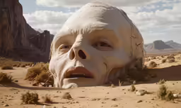 a statue in the middle of the desert with mountains behind it