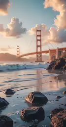 a suspension bridge with waves breaking into shore