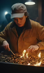 a person in a brown jacket with some tongs in a container