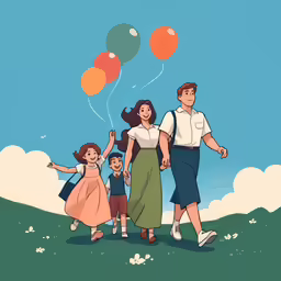 family with balloons walking along a grassy hill