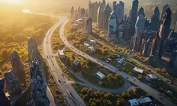 a highway near large city with high rise buildings
