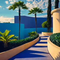 a large landscaped outdoor garden setting with palms trees and bushes