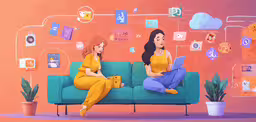 two women are sitting on the couch in front of an artwork,a couple of women sit on a couch
