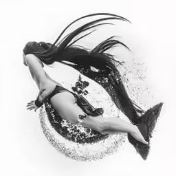 woman diving in water with long hair flying up