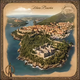 an old map shows the view of towns and rivers around it
