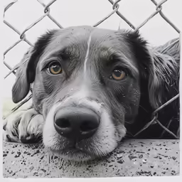 black dog laying on concrete behind a chain linked fence