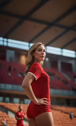 a beautiful young woman wearing a red bodysuit standing next to an empty bleacher