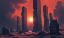 a painting of rock formations in an out - of - focus setting