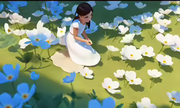 a doll sitting in the middle of blue and white flowers