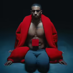 a male in a red jacket is sitting with his hands on his hips