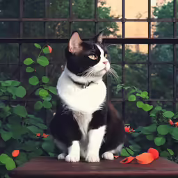 a black and white cat sitting in front of flowers