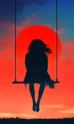 a silhouette of a girl swinging on a swing