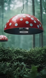 mushroom like lights hang from a mossy surface in the woods