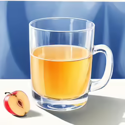 an apple and drink in a glass mug