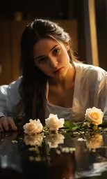 the girl is sitting next to three flowers