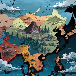 a painting of a map of asia with many mountains, trees and a body of water