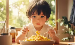 a young child eating macaroni and cheese in the sun