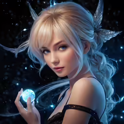 a woman in black dress holding up a blue crystal ball