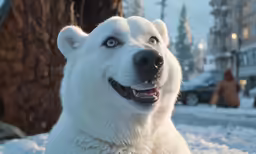a white dog looks up at the camera