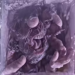 a zombie man with teeth on his head in a plastic case