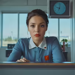 a woman sitting at the counter with a clock behind her