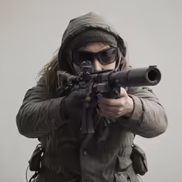 the woman is aiming her gun at the target