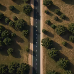an aerial view of an empty road surrounded by trees