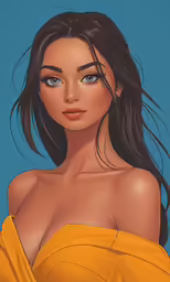 painting of the model with shoulder length hair in yellow dress