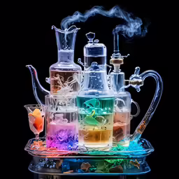 a variety of liquids in different sizes and shapes with a smoke ring around them
