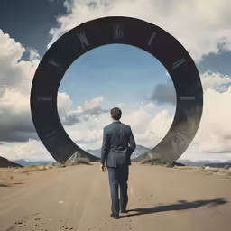 man walking away from large clock in the middle of a desert