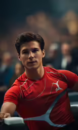 a young man leaning on a bench wearing a red tennis shirt